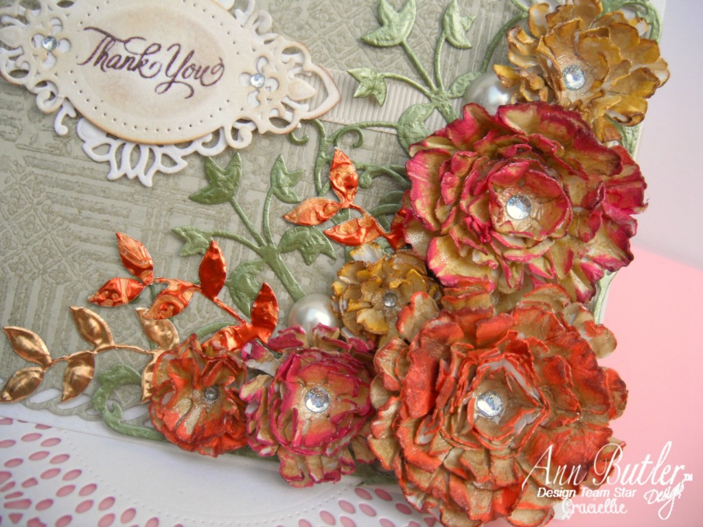 Graciellie - Card - Autumn - Fall - Handmade Flowers - Crafter's Ink - Ann Butler - Unity Stamps - Faux Quilting - Heat embossed background - Color Box Clear Embossing Powder