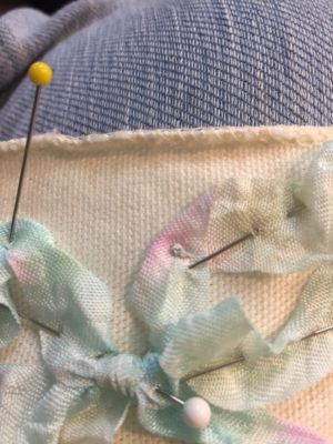 Ribbonry and French knots with Hand Dyed Seam Binding 