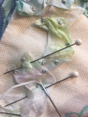 Ribbonry and French knots with Hand Dyed Seam Binding 